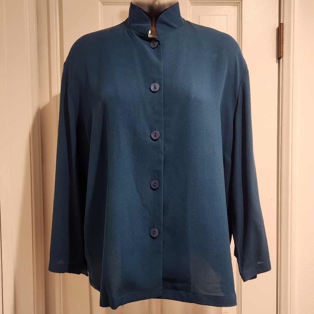 Harari Silk Teal Button-Up Tunic L